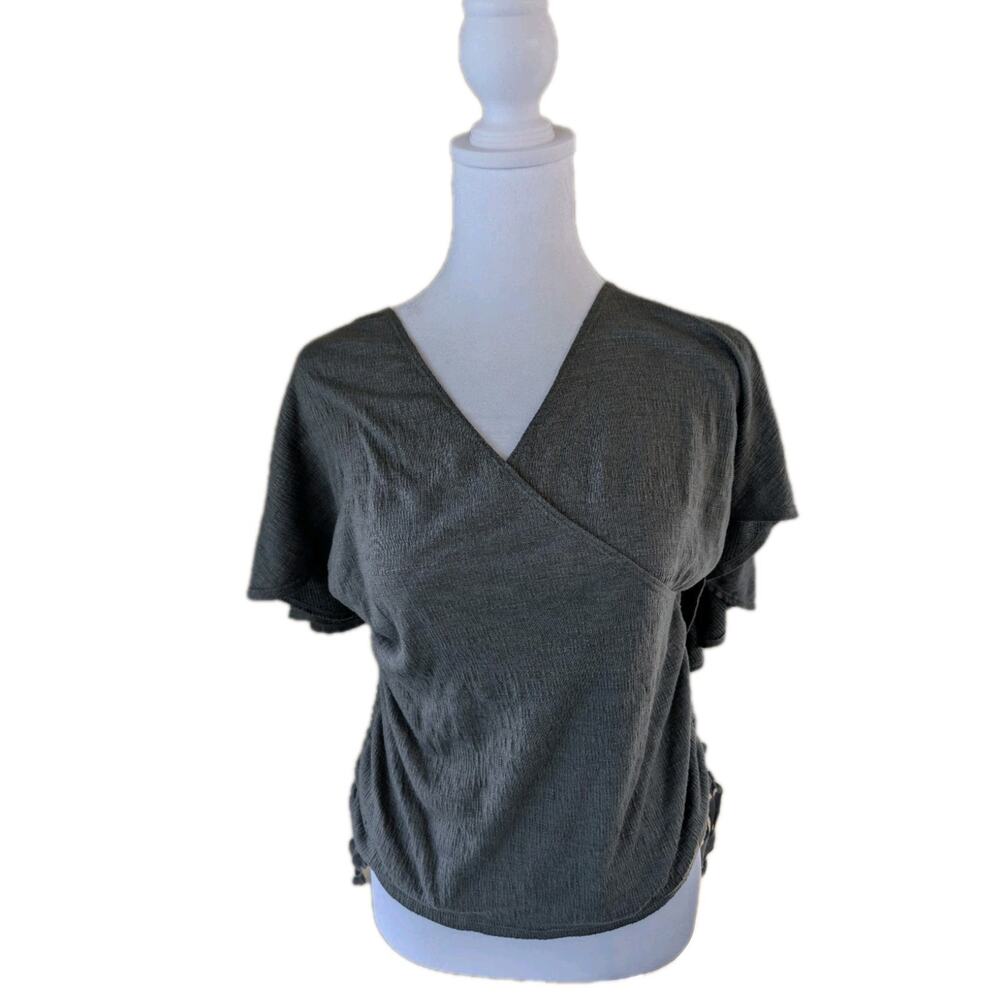 Max Studio Women's Size Large Olive Green Gauze Textured Faux Wrap Blouse Top
